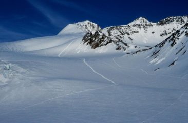 Il ghiacciaio del Giogo Basso, la pista e il versante di salita al Similaun (21-6-1998)