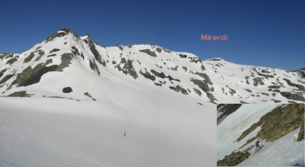 Miravidi con il ghiacciaio d'Arguerey, dal colletto compreso tra l'Aiguille de l'Ermite e la quota 2849 (foto Piccola:pendio per arrivare al colletto)