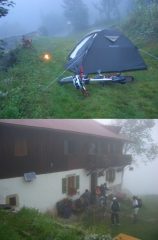 1-La sera ieri al ref.du Nant Borrant: la mia tenda nella nebbia col fuoco inventato da me con resina di pini (Melèze) 2- IL rif. Nant Borrant la mattina: si parte nella nebbia