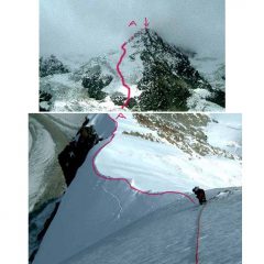Nella prima foto il percorso della parte bassa in alto la cresta e l'uscita a 55° in vetta