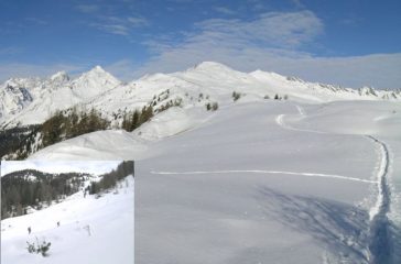 foto grande: dorsale di salita sopra il colle di Bard; foto piccola: pendii di discesa sopra l'alpe Arpilles