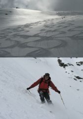 Scie in controluce sul ghiacciaio e Paolo in azione sul ripido seracco