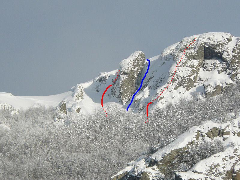 Lato sx della partete (rosso: discesa - blu: salita)