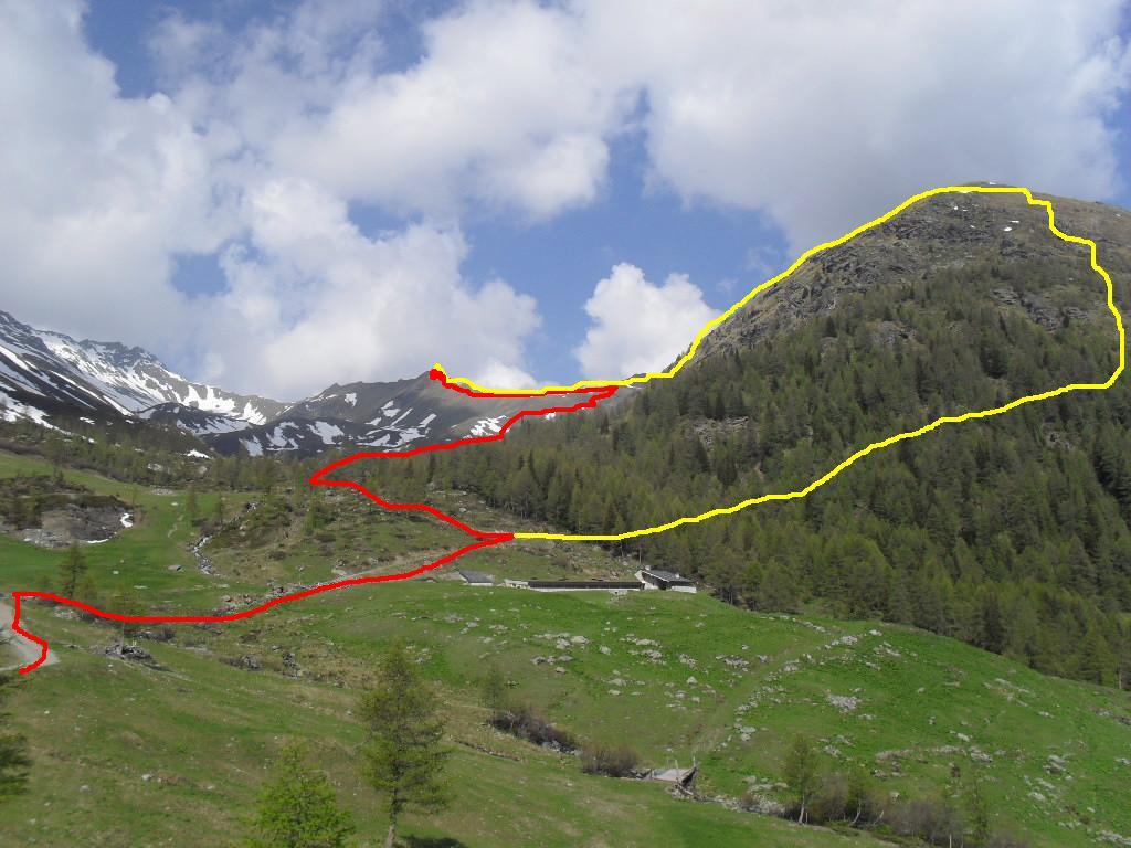 il percorso di salita(rosso)e di discesa ad anello(giallo)