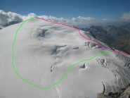 In rosso la salita per la Tete de la Valpelline,in verde la discesa viste dalla cima della Tete Blanche