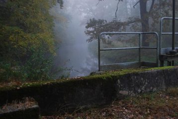 Le acque del Naviglio Sforzesco spuntano dalla nebbia, a monte della presa