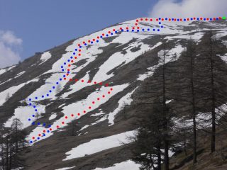 tracciato del valloncello seguito (rosso salita, blu discesa)