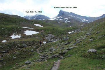 il margine inferiore del Piano del Vaudet con le Punte Bassac Nord e Truc Blanc sullo sfondo (8-7-2012)