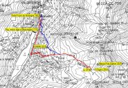 mappa itinerari su base CTR 1/50.00, dopo chiusura strada sulla diga: rosso itin. classico, blu variante per alta via 2