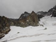 Dal ripiano superiore del G del Triolet appare la Bouteille del Triolet: attraversato il ghiacciaio, si rimonta alla sella e poi la cresta che conduce in vetta.