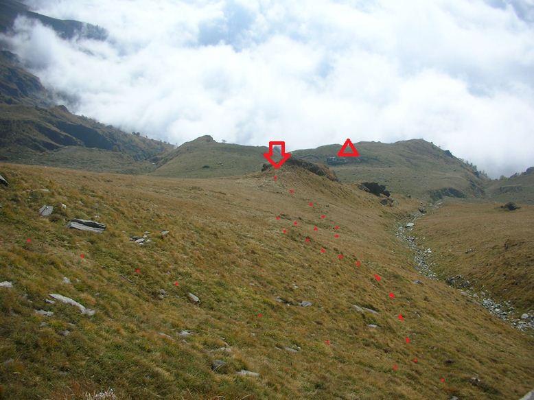 a ritroso dalla paretina: freccia = colletto 2200m, triangolo = Alpe Cruvin