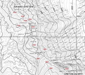 Sulla carta CTR il profilo altimetrico della cresta tra Gran Creton e Creton du Midi (fonte www.geonavsct.partout.it)