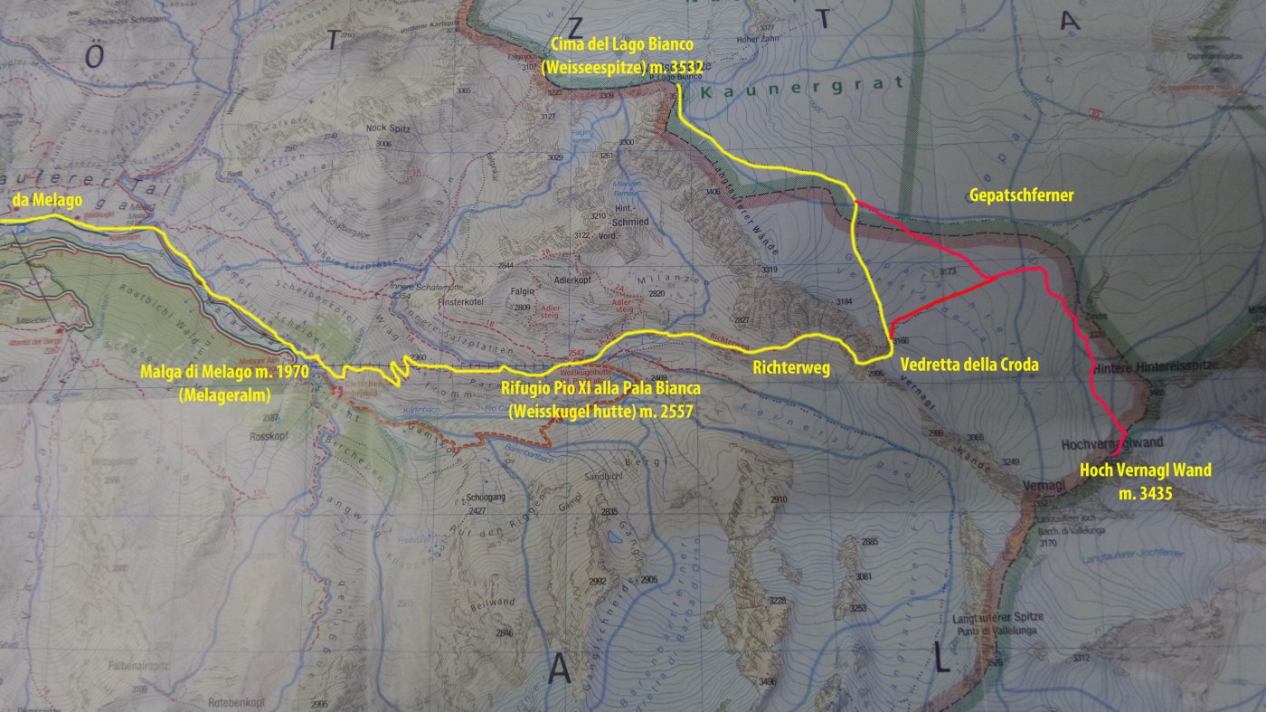 mappa Kompass e via di salita seguita. in giallo la via normale alla Cima del Lago Bianco, in rosso la salita alla Hoch Vernagl Wand
