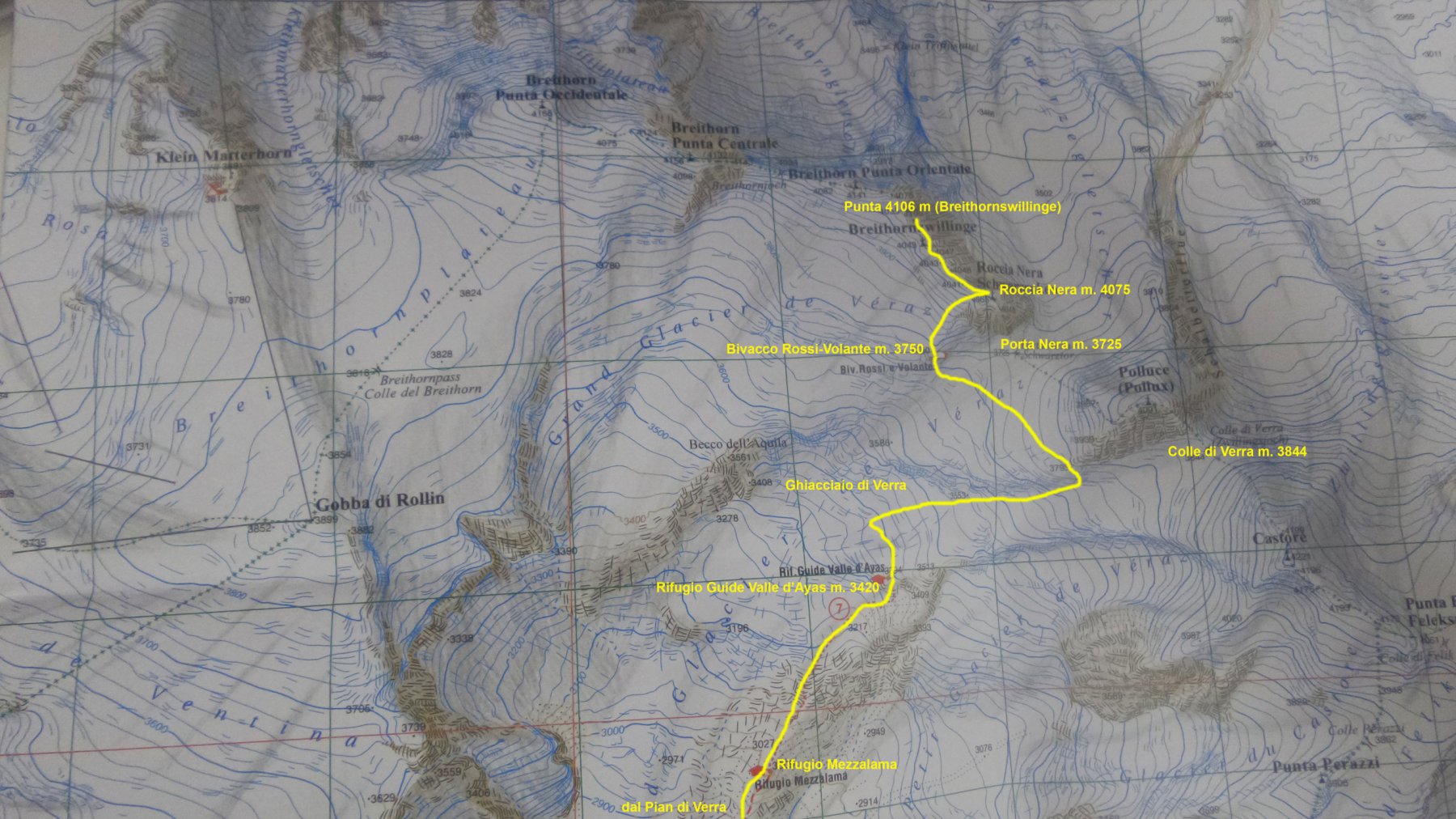 stralcio di mappa Escursionista Editore Val d'Ayas della parte alta della via di salita
