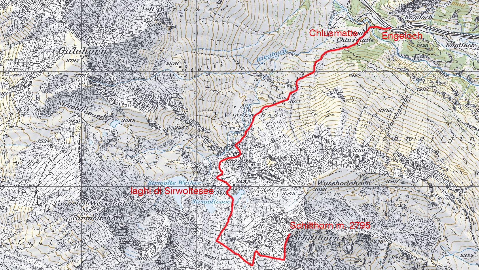 stralcio di carta topografica con l'itinerario di salita