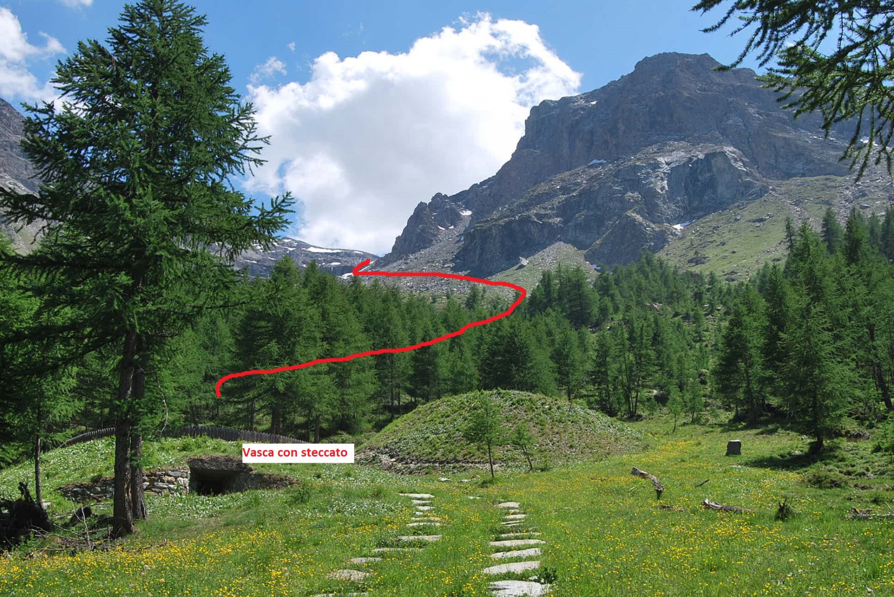 Passato l’alpeggio di Boregne: la via lastricata, la vasca e la Becca di Verconey con la via di salita sotto la bastionata