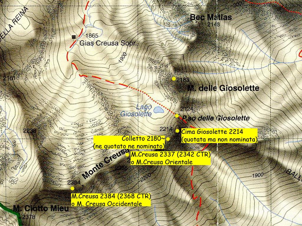 Costiera Creusa-Giosolette, stralcio carta Blù 1/25.000, cime e colli citati negli itinerari