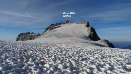 Messo piede sul ghiacciaio si risale il pianoro che porta verso Corno Miller. In rosso la traccia.