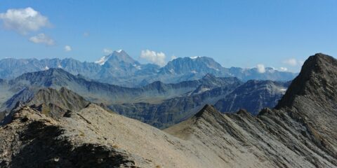 Panorama dalla cima verso Gran Combin e Velan. A sx cresta di salita, a ds vera Aig. des Angroniettes
