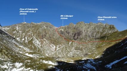 Val Salmurano, in rosso la traccia che sale al Rif. Benigni.
