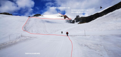 itinerario di salita visto da quota 3150 m sul Glacier de la Grande Motte
