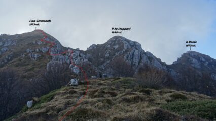 Panorama su un tratto della cresta nord del M.Resegone, in rosso la traccia di salita.