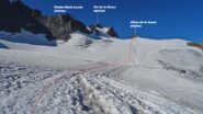 Messo piede sul Glacier de la Girose ci leghiamo e poi incominciamo a salire sulla facile rampa che punta dritto al Dome de la Lauze.