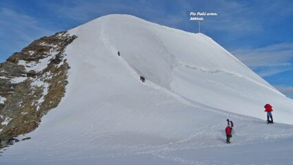  Giunti alla selletta affrontiamo il tratto di parete nevosa (parte finale poco oltre i 40°) che immette sulla cresta Piz Palü orientale.