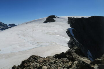 la cima dalla fine della cresta, un tratto su ghiacciaio pianeggiante (non servono i ramponi) e le ultime roccette 