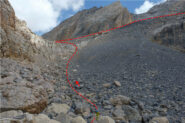 Il percorso sulla morena mediana per aggirare la bastionata rocciosa (fonte: https://cuneotrekking.com/itinerari/alpinismo/escursione-al-buc-de-nubiera-le-massour-3215-m-valle-dellubaye)