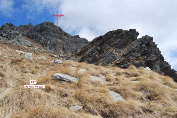Salendo da Pian Prè sup: l’intaglio dove il sentiero C17 supera la cresta e si porta sul versante di Pian delle Fontanelle