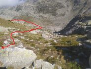 Ripido pendio di 300m di accesso al vallone Umbrias, con tracciato segnato dalle paline in legno con segni bianco-rossi.