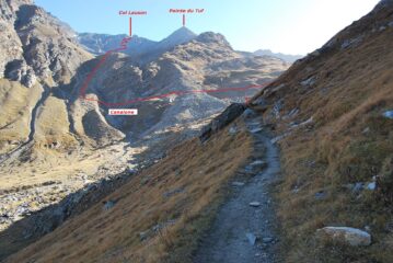 Appena dopo Levionaz inf.: il sentiero in falsopiano si porta alla testata del vallone, lo aggira e poi sale al colle lungo il percorso in rosso