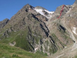 Colatoio di Volfréde e in rosso il percorso della ferrata