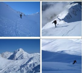 In senso orario:1)ripido traverso verso sella Malecoste 2)salita verso la vetta sul versante Ovest 3)discesa nel Venacquaro 4)Panorama sul Corno Grande