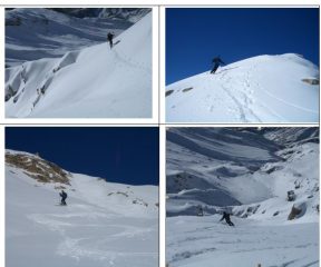 In senso orario:1)salita nella Fornaca 2)Discesa dalla vetta 3)Discesa nella parte mediana dell'itinerario 4)il ripidissimo canale che discende dalla vetta