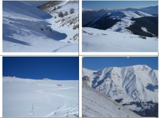 In senso orario:1)salita nel v.del Diavolo 2)M.Mileto 3) M.Amaro da sx a dx=rava del Ferro,canalino della Vespa,ravone della Vespa,rava Giumenta bianca 4) discesa versante ovest di M.Le Mucchia