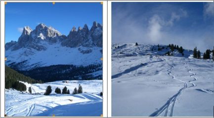 a sx Le Odle con la forcella di Mesdì ; a dx i pendii in prossimità di Malga Brogles.
