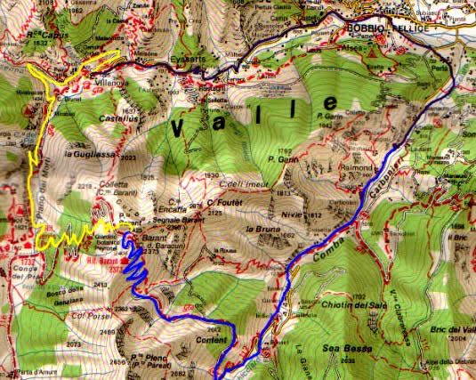 In blu la salita,in giallo la discesa e in viola il collegamento in auto