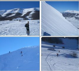 In senso orario:1)Itinerario completo visto dalla partenza 2)I ripidi pendii superiori (sullo sfondo la Maiella) 3)Polvere nei pendii inferiori 4)Discesa dalla vetta nella conca Nord su neve dura