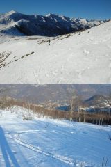 la discesa sul versante sud e il tratto di ottima farina nel rado bosco..