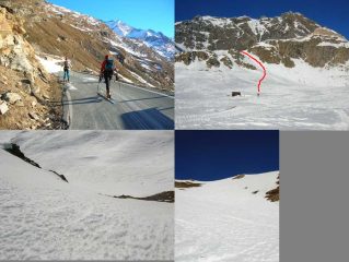 Sci-asfaltismo, il canale di salita, il canalino a 40° visto dall'alto e..dal basso una volta sceso..
