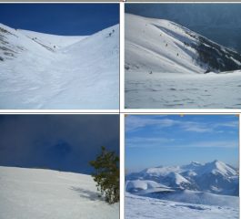 In senso orario:1-canale di salita (dx orografica) 2-canale sx orografica 3-costolone centrale 4- Panorama su Serra Sparvera al centro,Cima dello Scalone (Serra Rocca Chiarano) a dx,M.Greco in fondo
