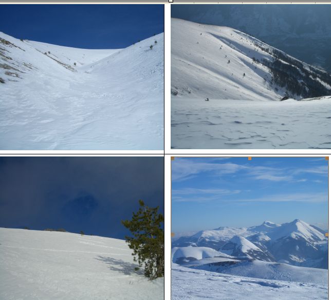 In senso orario:1-canale di salita (dx orografica) 2-canale sx orografica 3-costolone centrale 4- Panorama su Serra Sparvera al centro,Cima dello Scalone (Serra Rocca Chiarano) a dx,M.Greco in fondo