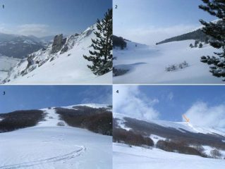 1) Ascesa verso Monte Calvario lato sud-ovest 2) Valle di S. Maria 3) Discesa in un canalone sottostante la cima 4) Veduta dal basso della cima