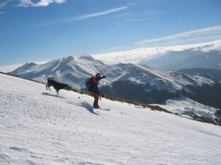 Scendendo dal Cimone con sfondo su Lagoni e cresta fino al Libro Aperto