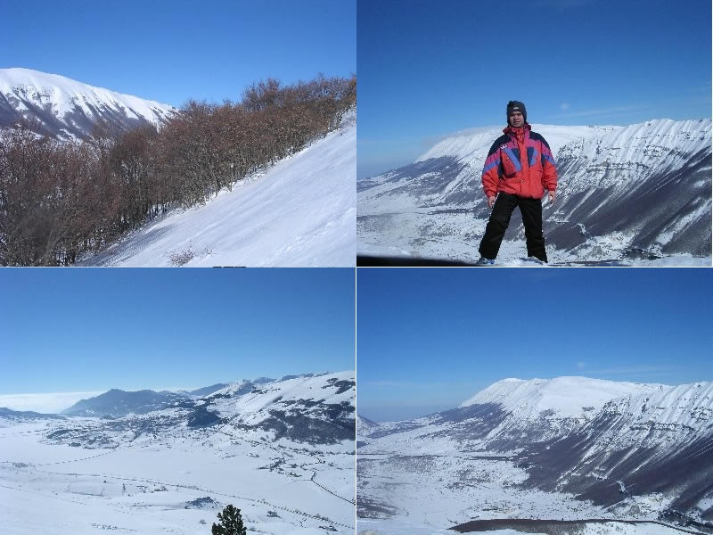 Dall'alto in senso orario: 1) Ascesa, sullo sfondo ben visibile la cima di Monte Rotella 2) Primo piano col lo sfondo della Majella 3) Panorama di Pescocostanzo e dintorni 4) La catena della Mjella