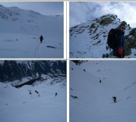 In senso orario 1)dalla conca verso il pendio sommitale 2)Kite si accinge ad affrontare la cresta 3)Kite in discesa nel ripido canalino 4)gli aperti pendii in prossimità della baita-ristoro