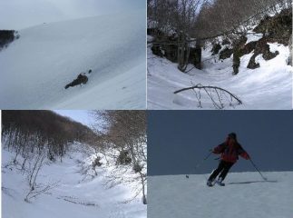 Dall'alto in senso orario: 1) Veduta del pendio all'ingresso della Valle Caprara 2) e 3) Canaloni di discesa 4) Francesco in azione