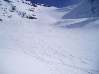 Tratto farinoso ai piedi della rampa più ripida della gita sotto il Col des Grands Couloirs